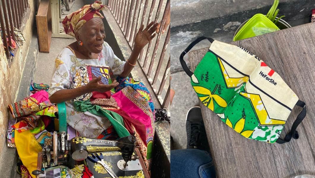 Elderly woman happily makes masks using material that she does not even know.